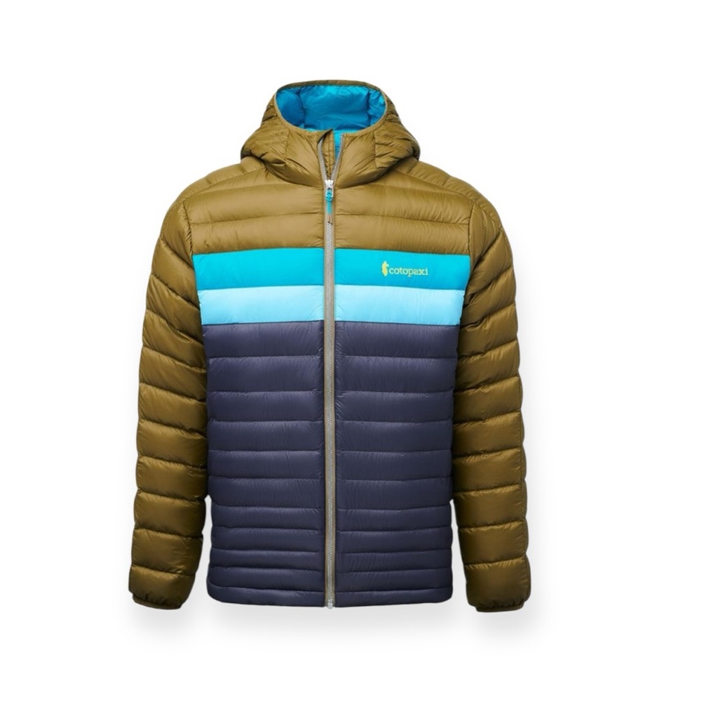 ‼️SOLD‼️ Cotopaxi Men's Fuego Hooded Puffer Jacket - Olive, Navy & Teal Stripes - Picture 3 of 11